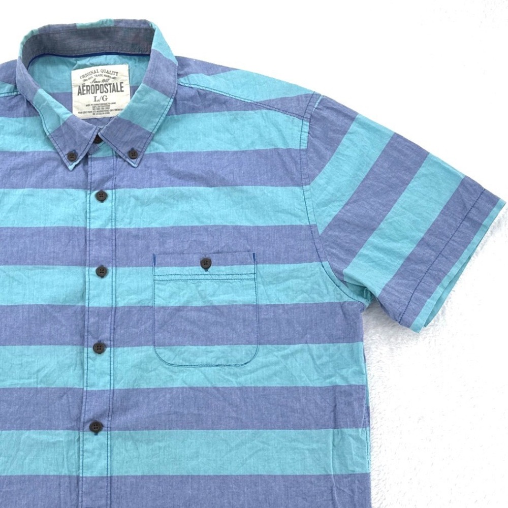 Aeropostale Blue and Teal Striped Short Sleeve Button-Down Shirt